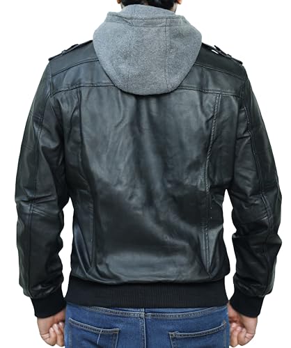 Hooded Leather Motorcycle Jacket Men - Bomber Leather Jackets For Men with Removable Hood3