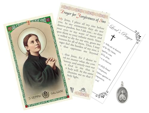 Trendzeen St Gemma Prayer Card - Laminated Saint Gemma Galgani Holy Card, Silver Tone Medal, The Lord’s Prayer Card - Made in Italy St Gemma Galgani Prayer Card Set - Total 3 Items