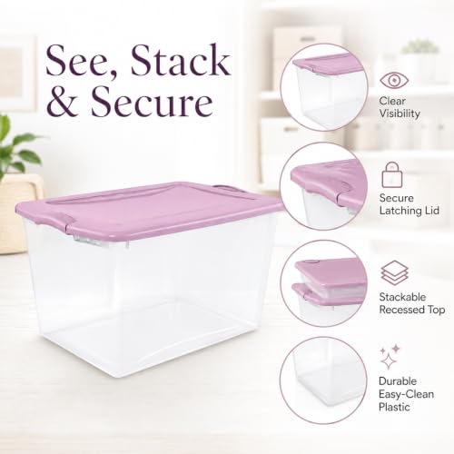 Image of Storage Bins 66 Qt Clear Latching Lid Stackable 6 Pack Purple