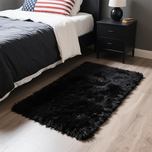 Small Bedside Rug, 3x5 Non Slip Fluffy Shaggy Entryway Throw Rugs for Bedroom Living Room, Indoor Floor Carpet for Kids Girls and Boys, Nursery Rooms Mat, Home Decor Aesthetic, Black