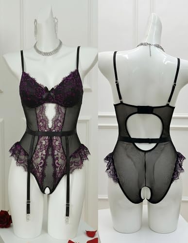 Image of Avidlove Lingerie for Women Mesh Lace Bodysuit Sexy Wireless Garter Lingerie Set Teddy Lingerie(No Stockings)
