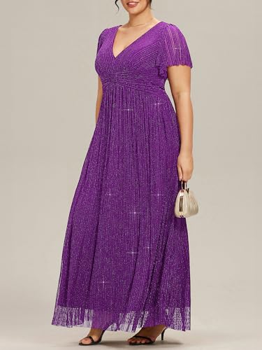 Image of Ever-Pretty Women's Plus Size Glitter Formal Dresses for Curvy Women A Line V Neck Gala Mother of Bride Dress Evening Gown