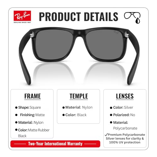 Image of Ray-Ban RB4165F JUSTIN COLOR MIX CLASSIC LOW BRIDGE FIT Square Shape Sunglasses for Men with Official Eyewear Kit