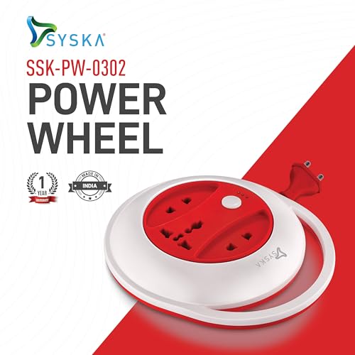 Image of SYSKA SSK-PW-0302-WR Power Wheel with Surge Protection, Strong ABS Material Body, 4 Meter Long (White-Red)