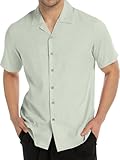 Tmeefee Linen Shirts for Men Casual Short Sleeve Button Down Shirt Cool Summer Beach Wedding Vacation Tops Green