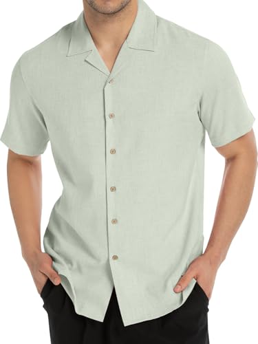 Tmeefee Linen Shirts for Men Casual Short Sleeve Button Down Shirt Cool Summer Beach Wedding Vacation Tops Green
