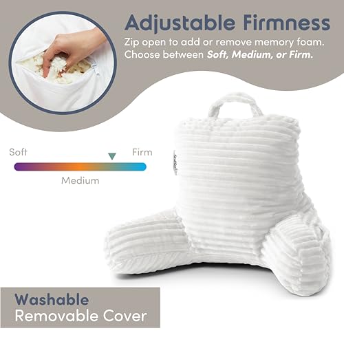 Image of Nestl Reading Pillow for Kids & Teens with Shredded Memory Foam, Luxe Cut Plush Backrest Pillows for Reading and Gaming, for use on Couch, Bed, Floor, Adjustable Support with Washable Cover White