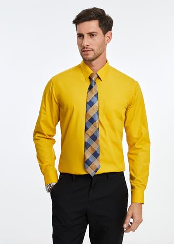 Image of HISDERN Mens Dress Shirt with Tie Pocket Square Set Classic Button Down Shirt Matching Tie Long Sleeve Shirts