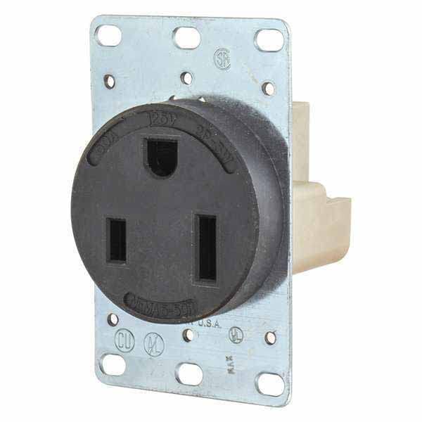 Receptacle, 50 A Amps, 125V AC, Flush Mount, Single Outlet, 5-50R, Black