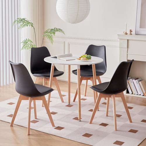 DEYARNA Ensemble Table Ronde 80cm et 4 Chaises Scandinaves pour Salle à Manger, Cuisine, Salon, Bureau, Café (Noir)
