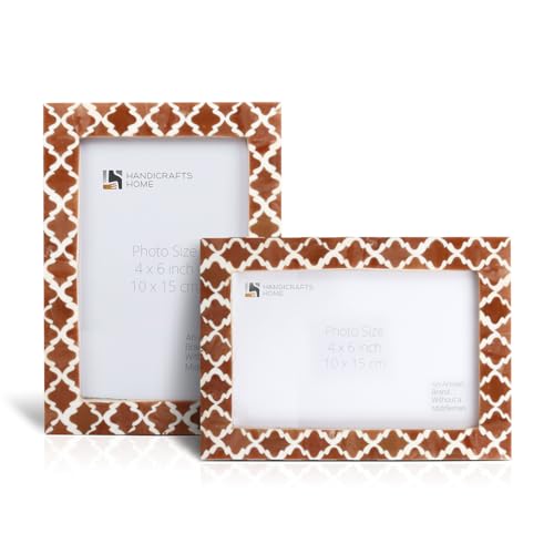 Image of Handicrafts Home Brown & White Vintage Photo Frames for Wall or Tabletop Display, 4x6 Picture Frame Set of 2,Boho Farmhouse Gallery Wall Frame Set, Artisan Handmade Home Decor, Handmade Moroccan Frame