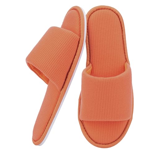 Image of Women's Open Toe House Slippers - Breathable Waffle Fabric, Memory Foam Cushioning, Slip-On Summer Indoor Slippers, Non-Slip TPR Sole, Easy Care