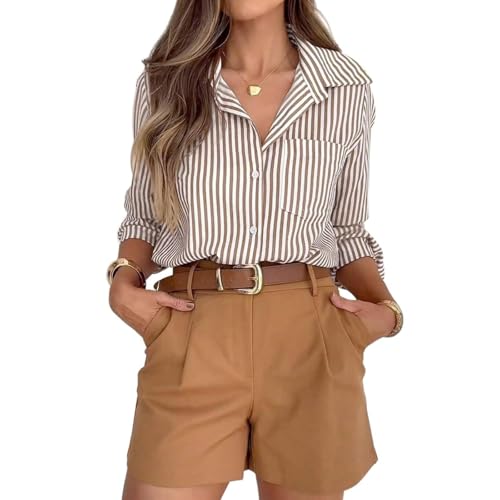 Ladies Long Sleeve T Shirt Women's Striped Button Down Shirts Casual Long Sleeve Lapel Neck Tops Elegant Office Work Tunic Blouses UK 01-Khaki XL