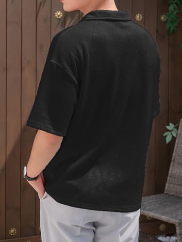 Image of Men's Textured Waffle Knit Polo T-Shirt | Relaxed Fit Half Sleeve Collared Tee | Soft Breathable Casual Summer T-Shirt