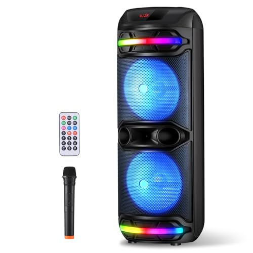 Dual 12 Inch Wireless Party Bluetooth Speakers, Portable PA Speaker System with Remote Control, Wireless Microphone, Rechargeable Karaoke Machine with USB/TF/FM/AUX, TWS, Bass, LED Lights, DJ