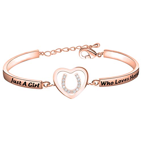 FEELMEM Girls Horse Jewelry Just A Girl Who Loves Horses Horseshoe Charm Bracelet Horse Women Riding Gift for Cowgirl Equestrian Horses (Horses-Rose Gold)