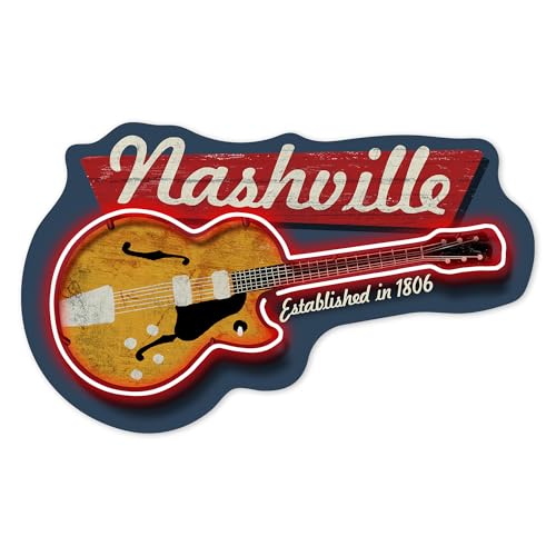 Die Cut Sticker Nashville, Tennessee, Vintage Guitar Sign, Vinyl Sticker, (Waterproof Decal for Cars, Water Bottles, Laptops, Coolers), Small