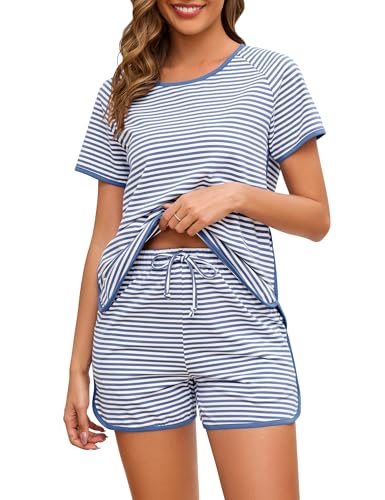 Image of Cotton Pajama Sets for Women 2 Piece Lounge Set Stripe Pj Set Loungewear Short Sleeve Top and Shorts with Pockets