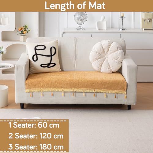 Image of HOKIPO 'Serenity Tassel' Chenille 2 Seater Sofa Cover with Tassel - Sunlit Amber (IN-891-GLD)