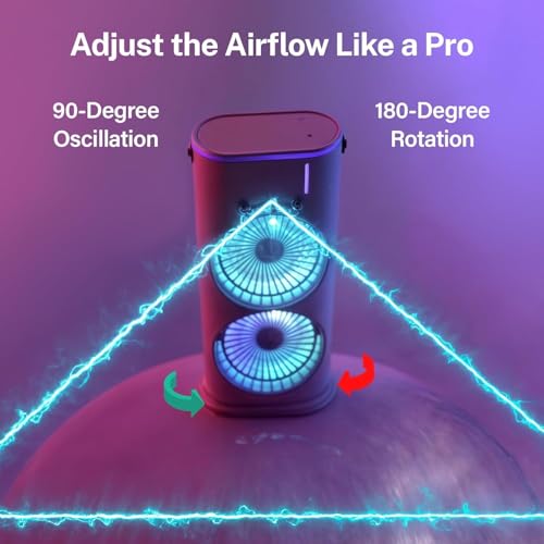 Image of Mini Cooler Double Ended Spray Fan, Cold Air, 2025 New 3 Gears USB Rechargeable Oscillating one with LED Light Cooler, Tower Air Coolers & Remote Control,Water Tank,Bedroom, Living Room.R36(B-White)