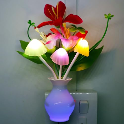 Image of AUSAYE Plug-in Night Light with Auto Light Sensor,RGB LED Mushroom Night Light Wall Red Lily Flower Lamp for Adults Kids Nursery Room,Bedroom,Lounge,Bathroom,Stairs