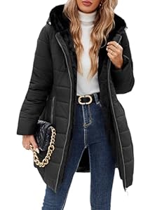 CMTOP Winterjacke Damen Gefüttert Fleecejacke Warme Steppjacke Dicke Wintermantel Parka Elegant Steppmantel Jacke Lang Fleece Damen-jacken Casual Winterparka mit Kapuze, Taschen(Schwarz,L)