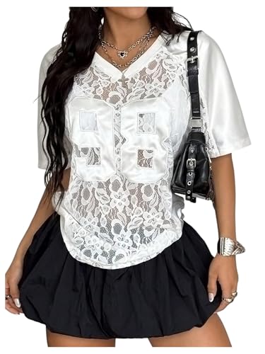 MakeMeChic Women's Jersey Shirts Lace Sheer Top V Neck Letter Graphic Oversized Tee Top