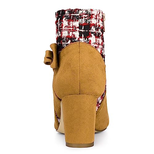 Allegra K Allegra K Women's Tweed Plaid High Heel Boots Bow Chunky Heels Brown Ankle Boots 8 M US