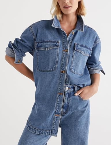 LifeShe Womens Oversized Jean Jacket Casual Button Up Denim Shirt Shacket Jacket Coat3