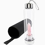 Soulnioi Healing Crystal Glas Wasserflasche Edelstahl Wasserflasche mit austauschbaren natürlichen Kristall Punkt Zentrum, mit schwarzer Schutzhülle, Energie Cup Geschenke für Freunde (Rosenquarz)