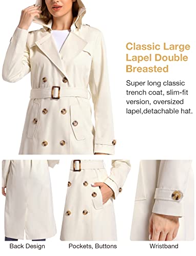 Poonyfesh Women's Waterproof Long Trench Coat Double Breasted Slim Full Length Classic Lapel Belt Coat With Removable Hood Beige Small #TOP5