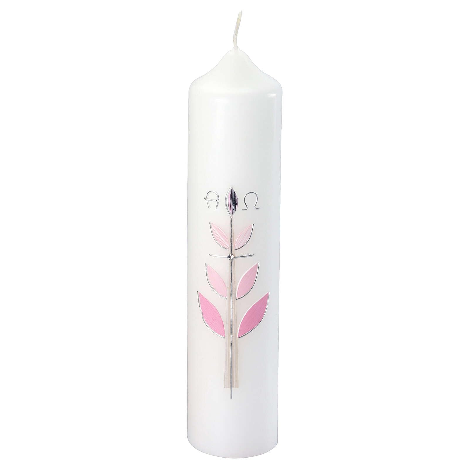 Christening Candle, Cross with Pink Leaves, 265x60 mm