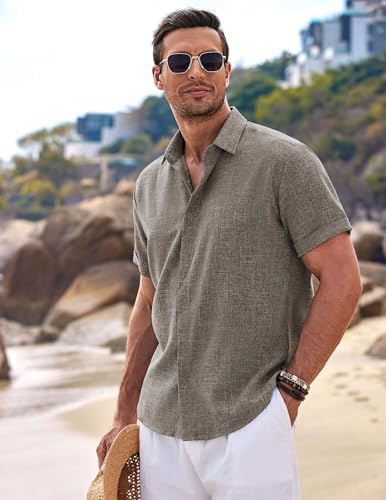 COOFANDY Men's Linen Shirts Short Sleeve Casual Button Down Shirt for Men Untucked Shirt Summer Vacation Brown - 2