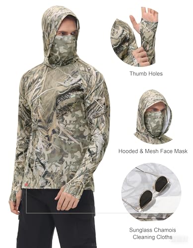 Image of FISHEAL Men's Hunting Shirts with Mask - UPF 50+ Camo Long Sleeve Fishing Hoodie Shirt with Adjustable Drawstring