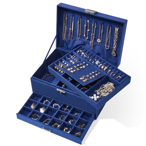 Warmiehomy 3 Layers Vintage Jewellery Box Lockable Velvet Jewelry Organiser for Earring Ring Storage Necklace Bracelets Jewellery Storage Box with Removable Dividers For Girls Women (Blue)