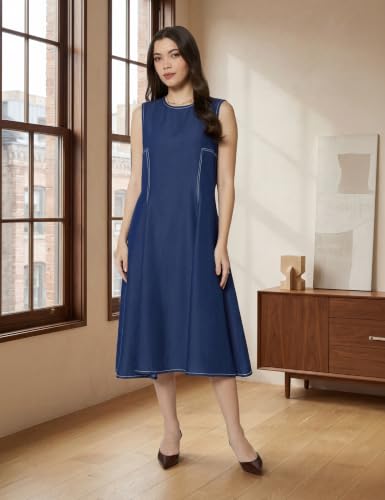 Image of Amazon Brand - Symbol Women's Cotton Tencel Denim A-Line Dress | Sleeveless, Round Neck, Midi Length, Back Zip (Available in Plus Sizes)