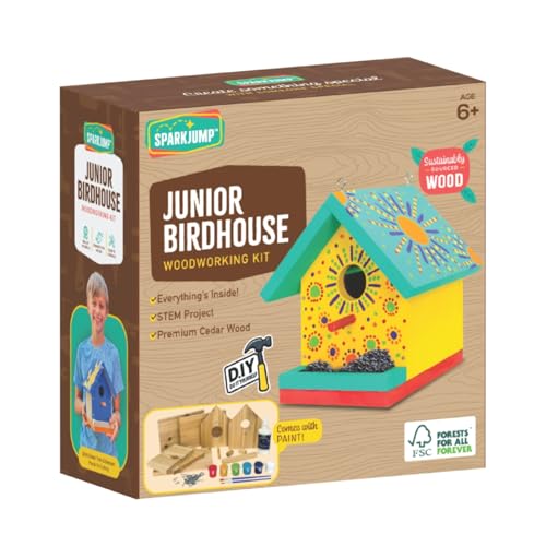 SparkJump Jr Bird House Kit, DIY Cedar Wood Birdhouse for Outdoors with Paint, Fun for Kids & Adults, Bird House Making Kit for All Ages (1-Pack)