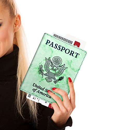 Image of Eoehro Passport and Vaccine Card Holder Combo, Faux Leather, Compact, Lightweight, Waterproof, E-Marble Green