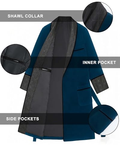 Image of Men's Long Velvet Smoking Jacket Smoking Robe with Belt Shawl Lapel Quilted Dressing Gown