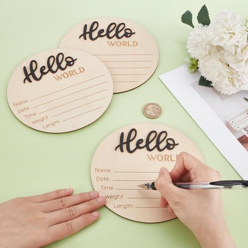 Image of 3Pcs Newborn Announcement Sign 5.9Inches Wooden Hello World Board Newborn Welcome Sign Round Information Board Decroation and Gifts Black for Hospital Home Nursery