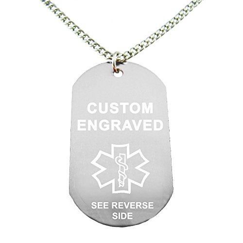 My Identity Doctor - Custom Engraved Medical Alert ID Dog Tag, Silver Colored Aluminum, 27 Inches Chain