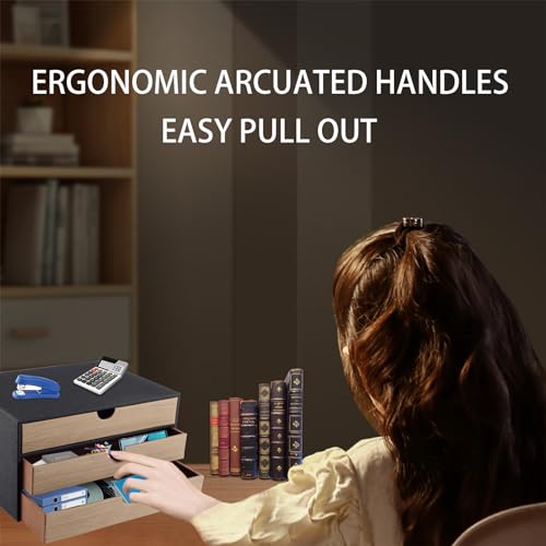 XNONE PU Leather Desk Organizer with 3 Drawers,Office Desktop MultiFunctional Drawer for Stationery/A4 Paper/Document/Magazine/Book/Letter/Jewelry/Makeup Product Home Decora Storage Box (Black) - Image 3