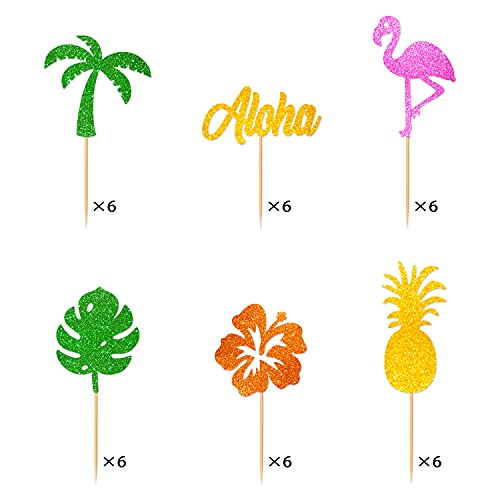 Set Of 36 Hawaiian Luau Cupcake Toppers Glitter Palm Leaves Pineapple Flamingo Aloha Flower Coconut Tree Shape Cake Food Picks For Tropical Summer Wedding Party Decorations Supplies #TOP2