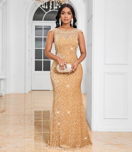 Image of Cololura Women Sexy Sequin Mesh Perspective Bodycon Party Cocktail Evening Gown Maxi Dress