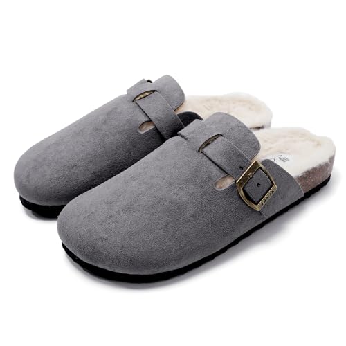 JOMIX Zapatillas Casa Mujer Invierno con Peluche, Zuecos Ante con Hebilla, Pantuflas Cerradas con Plantilla Ortopédica, MD2439, Gris, 41 EU
