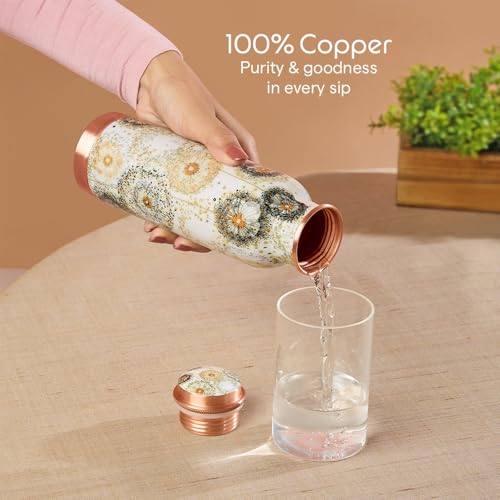 Image of Borosil 600 ml Thirtha Series Vesta Design Copper Bottle | 100% Pure Copper, BPA Free & Leakproof with Anti-Oxidant Properties of Copper | Printed Designer Bottle for Home, School & Office
