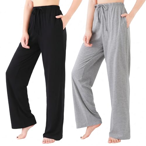 Garmagic 100% Cotton Women Pajama Pants Lounge and Sleep Bottoms 2-Pack Black/Lt Heather Grey S