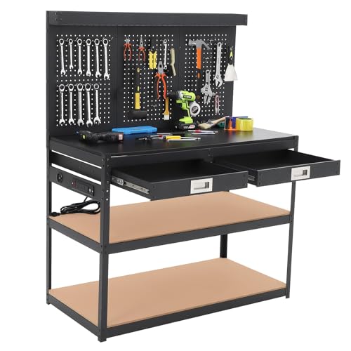 Work Bench 48" Adjustable Height,3-Tier Heavy-Duty Portable Workbench with Power Outlets and Drawer for Garage & Workshop, 880 LBS Load Capacity, Work Table for Office, Home, Easy Assembly