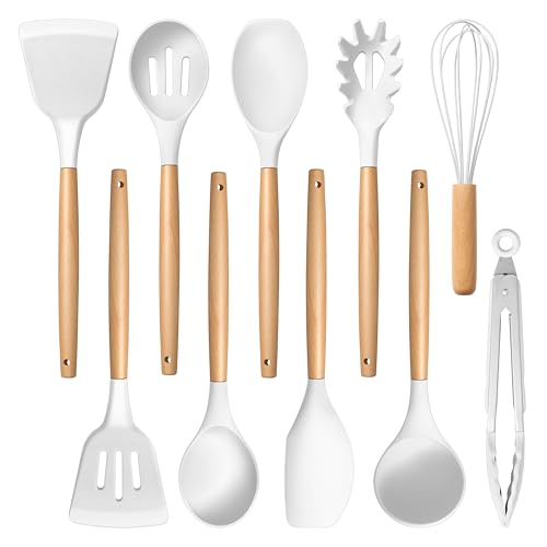 E-far Silicone Cooking Utensils Set, 446℉ Heat Resistant 10PCS Kitchen Utensils Set with Wooden Handle for Nonstick Cookware, Kitchen Tools Spatula Whisk Tongs Ladle, Non-toxic & Healthy, Wh