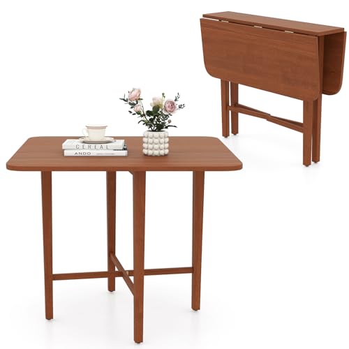 COSTWAY Table Pliante Cuisine 4 Personnes, Table a Manger Pliante 90 CM, 2 Rallonges Rabattables, Pieds en Bois Massif, Style Fermier, Console Compacte 26 cm,...